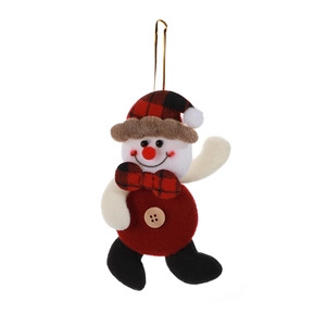 Christmas snowman plush ornament with red black plaid hat and wooden button on white backdrop