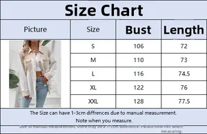 Detailed size chart for lace paneled lapel shirt with bust and length in S to XXL
