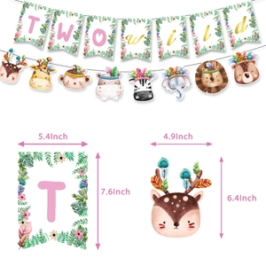 Boho jungle TWOwild birthday banner set with floral animal cutouts on white background