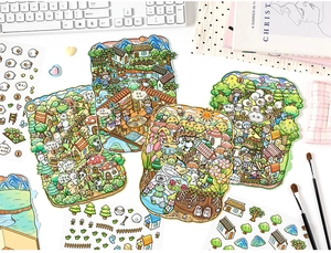 Detailed view of colorful 3D DIY scene stickers with forest and manor illustrations