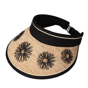 Straw sun visor hat with black floral embroidery and adjustable back buckle for women