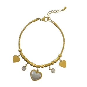 Gold heart beaded bracelet with sparkling rhinestones and white pearl charm for women