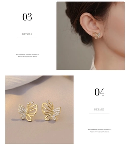 Detailed macro view of gold butterfly stud earrings with hollow design and zircon inlay