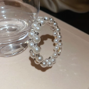 French style double-layer pearl bangle featuring sparkling rhinestones on a gold metal base