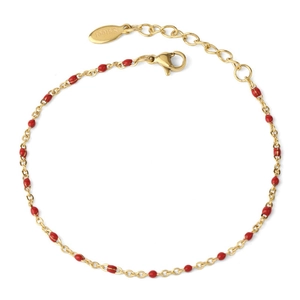 Gold minimalist stainless steel chain bracelet with red enamel dots and lobster clasp