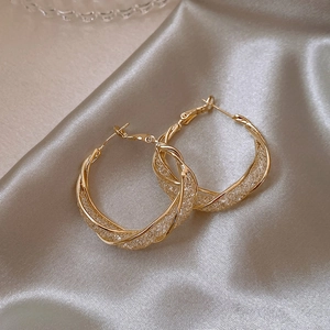 Gold-plated twisted hollow hoop earrings with intricate mesh design for women