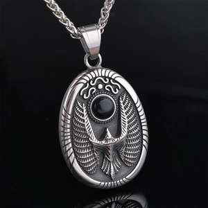 Vintage eagle totem stainless steel pendant necklace with black gemstone and twist chain