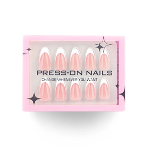 30-piece pink French press-on nails with white tips in a stylish window gift box