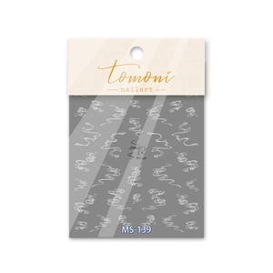 Close-up of MS-139 nail art sticker with white cloud and curved line patterns on card