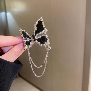 Broche Papillon Alliage Strass Émail Noir Design Plissé Double Couche Chaîne À Franges Épingles Pour Costume Femmes