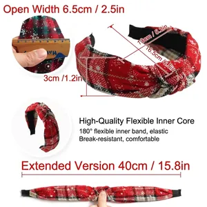 Red plaid Christmas headband with snowflake patterns and top knot detail and dimensions