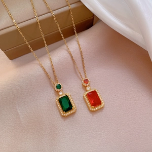 Luxury titanium steel necklaces with emerald and ruby square pendants and micro-inlaid diamonds