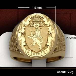 Chevalière royale blason lion dorée avec relief couronne et largeur de face 13mm