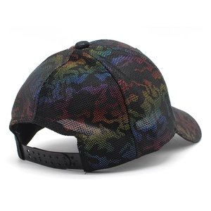 Detail of breathable black mesh baseball cap with colorful rainbow lining and snapback