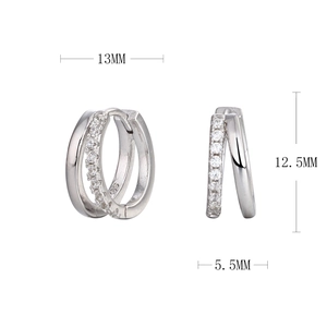 Macro detail of S925 sterling silver hoop earrings with colorful zircon stones and 13mm size