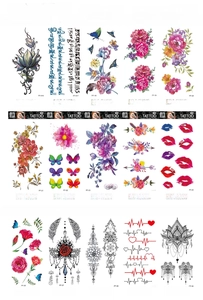 Collection of 3D tattoo stickers featuring wolf, flowers and mandala motifs, 208x95mm size