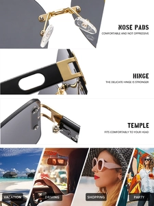 Detailed views of comfort nose pads, durable metal hinges, and various lifestyle scenes