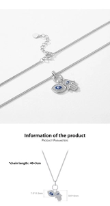 Detail of s925 silver evil eye and hamsa hand pendant necklace with precise dimensions