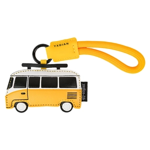 Creative yellow leather bus keychain charm with premium woven strap for handbag decoration