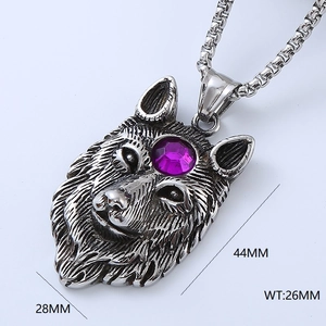 Detailed view of silver wolf head pendant with purple gemstone and size measurements