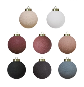 Detailed view of 8cm textured Christmas ornaments in various matte colors with gold caps