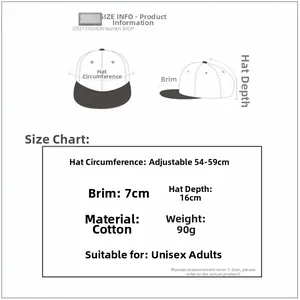 Size information and dimensions chart for the adjustable cotton star baseball cap