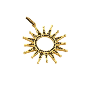 Golden sunburst pendant with black micro-inlaid zircon crystals on white background