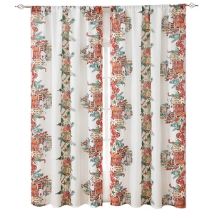 Christmas curtains with red houses, golden bells and stars on white fabric background