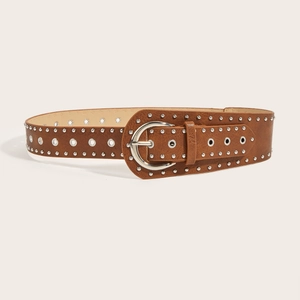 Punk style brown wide leather belt with double silver rivets and D-ring buckle
