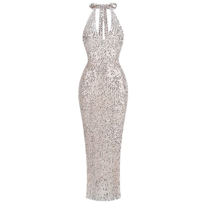 Elegant halter neck backless sequin dress in silver gray with a sexy deep V-neck design
