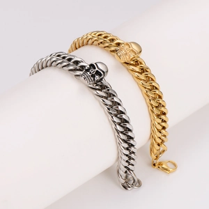 Minimalist stainless steel skull cuban chain bracelet in silver and gold finishes