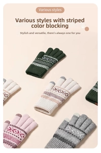 Close-up of knit gloves featuring various colors, striped patterns and warm textures