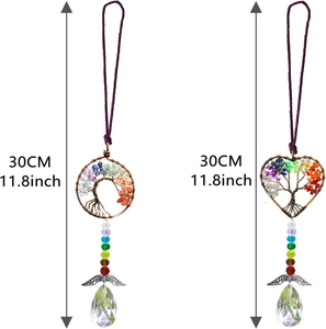 Chakra Tree of Life hanging crystal suncatcher with natural stones and wings, 30cm length