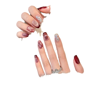Handmade wine red cat-eye press-on nails with glitter and French plaid design
