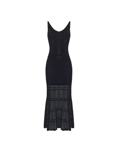 Detail of black crochet knit dress showing geometric hollow out patterns and texture