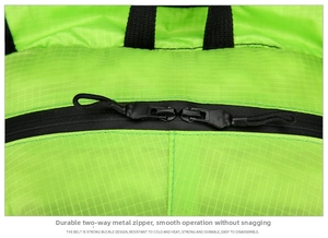 Detailed macro view of dual metal zippers and green ripstop nylon fabric on outdoor backpack