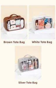 Dettaglio di tre beauty case impermeabili in PVC nei colori marrone, bianco e argento