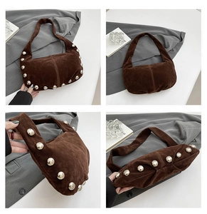 Detailed four-way view of a brown suede hobo bag with polished silver metallic rivets