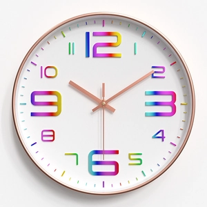 Detailed macro view of 3D rainbow gradient numbers and rose gold hands on white wall clock