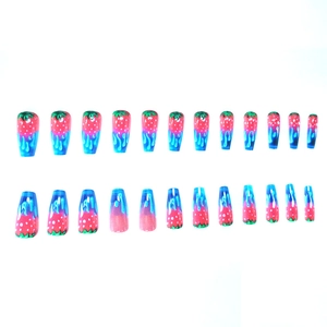 Long coffin strawberry press-on nails with blue drip effect 24pcs fashion set