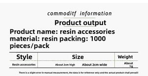 Technical specifications table for 2x2cm resin Christmas DIY accessories, 1000 pieces per pack