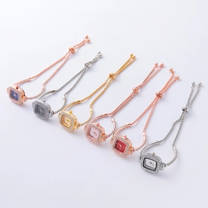 Detail of square rhinestone watches with adjustable pull-chain bracelets in various colors