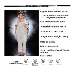 Détail d'une combinaison blanche à paillettes grande taille avec col en V et manches