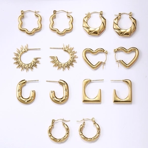 Set of 18K gold-plated titanium steel earrings in heart, sunburst, and geometric shapes