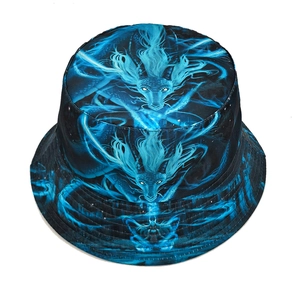 Black bucket hat featuring vibrant blue dragon prints for outdoor beach sun protection