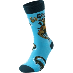 Detail of sky blue cotton crew sock featuring green crocodile and GO GREEN text design