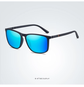 Detail of polarized sunglasses with blue mirror lenses and red green striped temples
