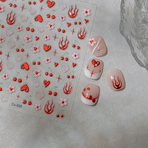 Red heart and flame metallic nail art stickers set with DIY manicure display Co-535