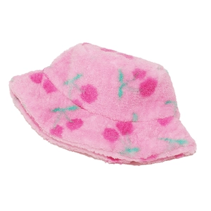 Pink fuzzy bucket hat with cherry print pattern for women winter stylish accessories