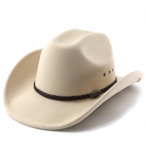 Classic beige western cowboy hat with wide brim, braided band and vintage metal logo